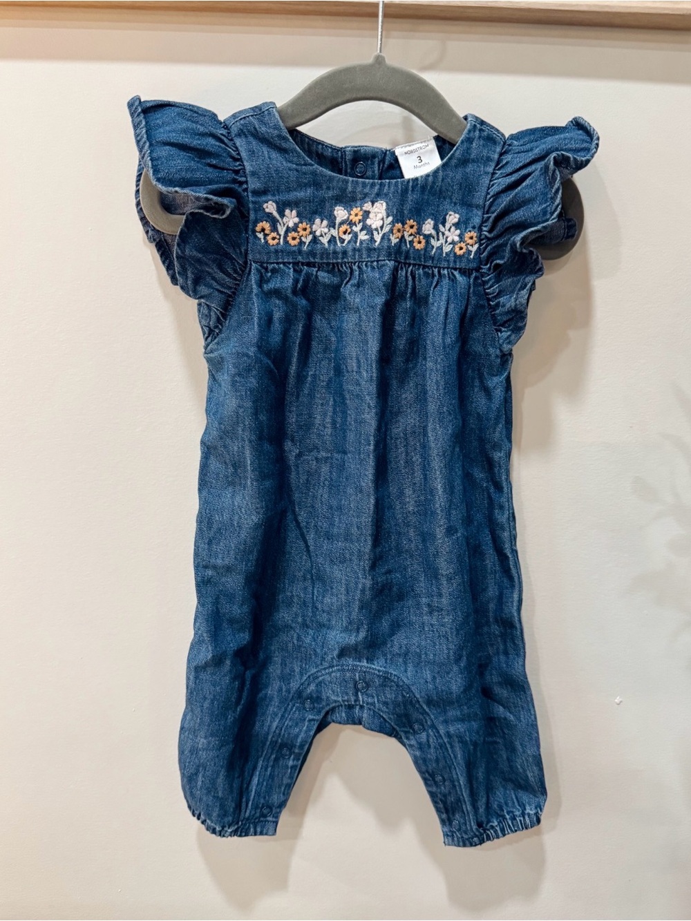NordstromDenim Floral-Embroidered Romper 3M